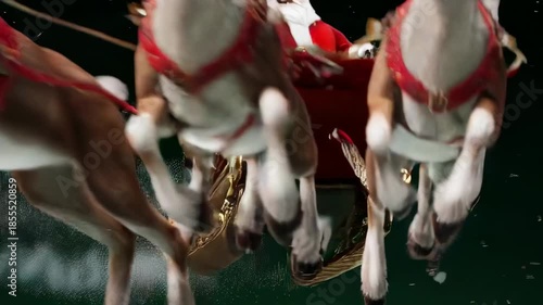 Santa Claus Flying in Sleigh Pulled by Reindeer During Winter Holiday Season