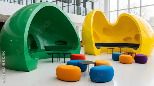 Main Subject: A modern lounge or waiting area featuring large, organic-shaped seating pods.