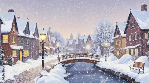 Picturesque Winter Wonderland Village Snow-Covered Homes, Gently Flowing Canal, and Arching Bridge at Dusk