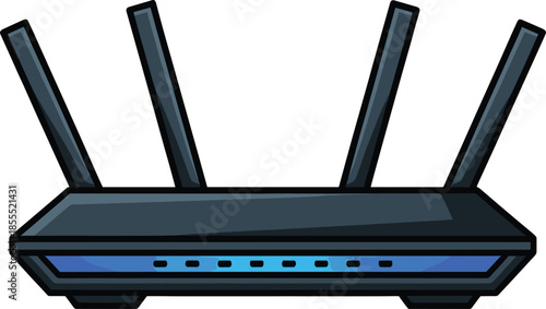Black wireless router with blue indicator lights and four antennas