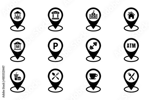 Public facility map pin location pointer set on white background. Symbol of museum, bank, ATM, parking, fitness, school, coffee shop, public facilities. Set vector line icons of public facility