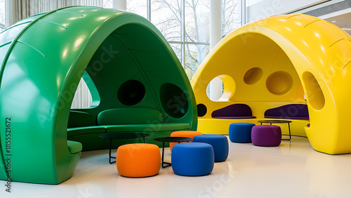 Main Subject: A modern lounge or waiting area featuring large, organic-shaped seating pods.