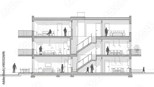 Modern architectural cross-section illustrating a multi-story residential building's urban living spaces and human activity, showcasing a contemporary design concept
