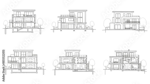 Architectural Building Designs Cross-Sections and Facades of Modern Homes