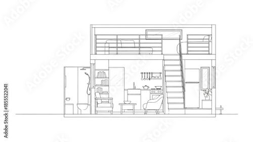 Architectural cross-section concept illustrating a modern compact two-story apartment layout with loft bedroom