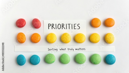 Colorful pebbles arranged to visually represent priorities and sorting what truly matters, offering a clear decision-making concept.
