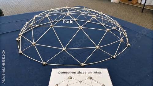 Geometric geodesic dome structure model displaying interconnected nodes and connections, set on a table with explanatory materials.
