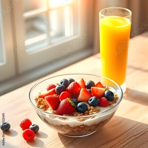 오렌지주스와 요거트 그래놀라 딸기와 블루베리orange juice and yogurt granola strawberry and blueberry