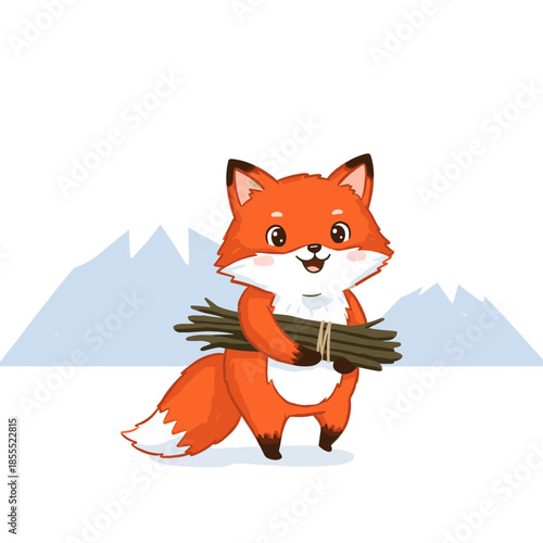 Cute cartoon red fox smiling with a bird and holding a Christmas tree in a forest illustration