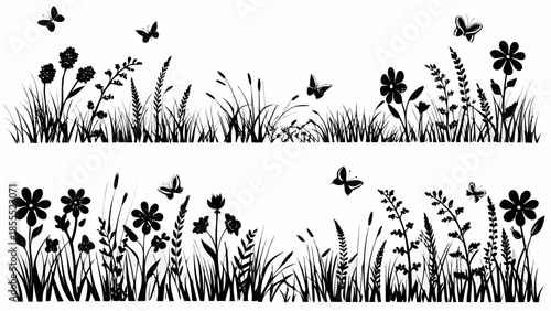 Elegant floral border with butterflies and wildflowers