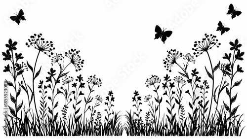 Elegant floral pattern with butterflies and wildflowers in black silhouette