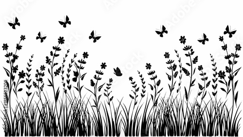 Black silhouettes of butterflies and flowers in a field