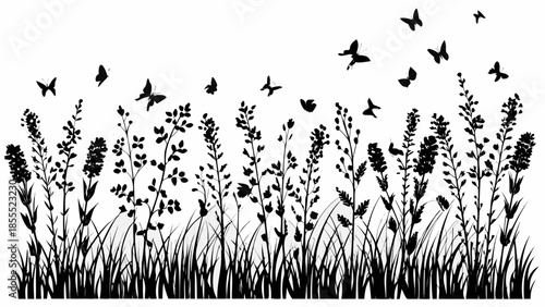 Black silhouette of butterflies flying over wildflowers and grass