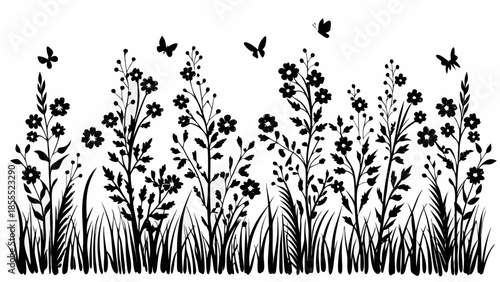 Whimsical black silhouette of butterflies and flowers in a lush meadow