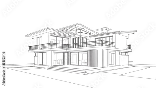 Architectural rendering of a modern multi-story house with balconies and large windows