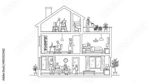 Illustration of a multi-story house with people engaged in various daily activities