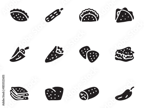 Set of modern black and white icons featuring various sushi and Japanese food items
