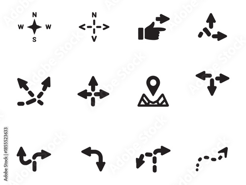 A set of icons representing navigation and direction for mapping and wayfinding applications