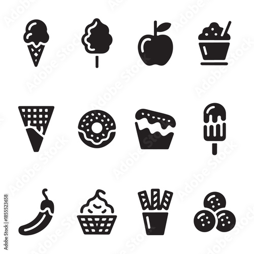 Set of black silhouette icons featuring various tacos and Mexican food items