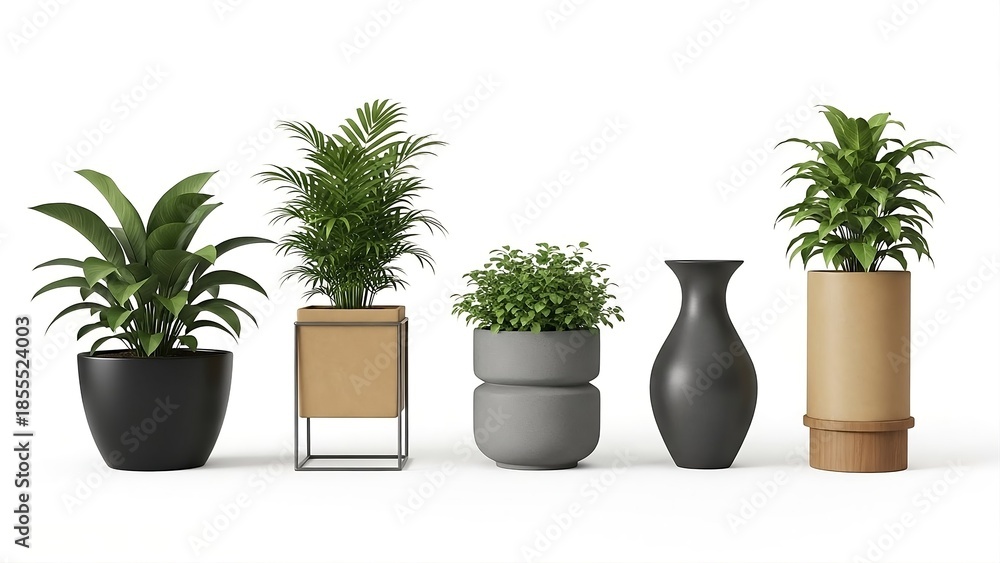 Fototapeta premium Five diverse potted plants in various modern containers including a black pot, a geometric stand, a grey pot, a vase, and a beige cylinder on a