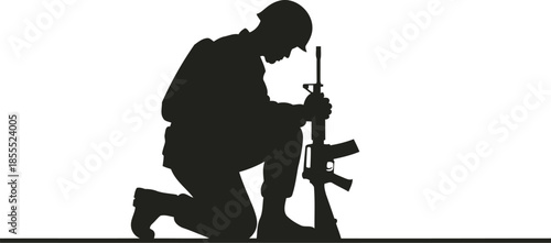 Soldier kneeling with rifle in tactical stance on beige background