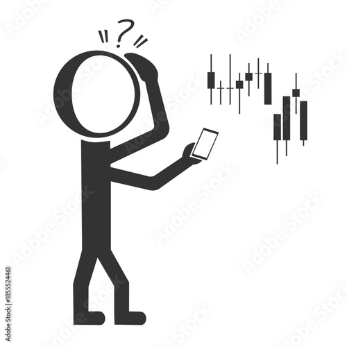 Stickman illustration a confused trader looks at his phone with a falling stock candlestick chart in the background.