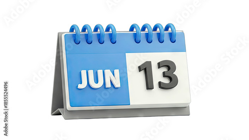 3D Desktop calendar with June 13 date on transparent background