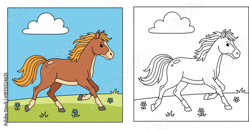 Coloring book page for kids with running cartoon horse. Vector illustration showing colored example and black and white outline for coloring.