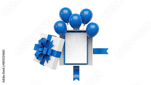3D Gift Box with Blue Balloons and Blank Card on transparent background