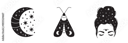 Mystical set with crescent moon and stars, night moth with lunar symbols, and messy bun face with cosmic hair. Minimal boho occult illustrations for tattoos, prints, logos, spiritual design.