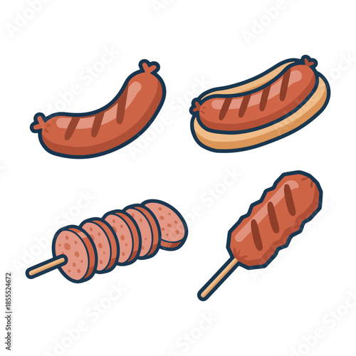 Various types of grilled sausages, bratwurst, and sliced smoked meat on sticks in cartoon style.