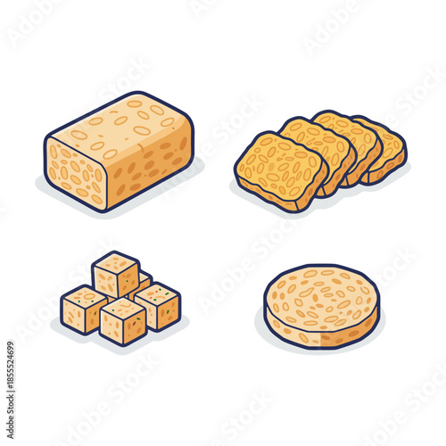 Indonesian traditional protein sources including tempeh, tofu cubes, and sliced bread illustration.