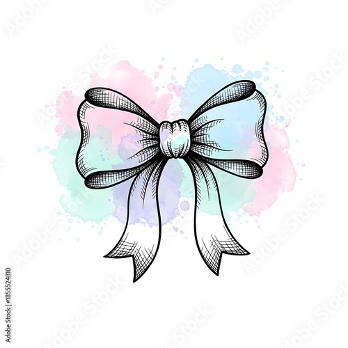 A detailed illustration of a bow against a pastel watercolor background