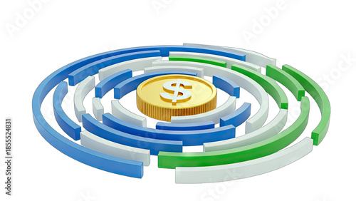 3D Gold Coin With Dollar Symbol Surrounded by Circular Maze on transparent background