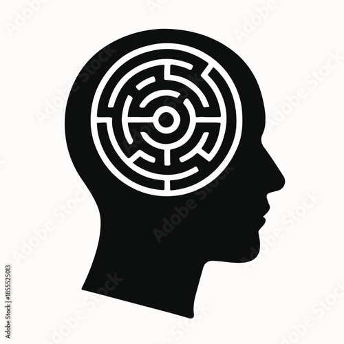 Minimal black vector of human head with maze inside, symbolizing problem-solving and learning, white background