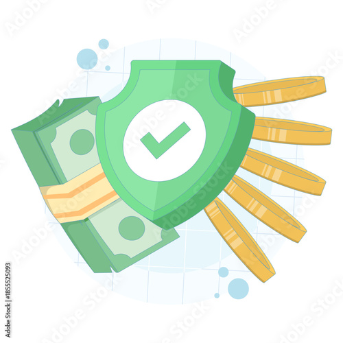 Money stack with shield symbolizing financial security and protection. Vector illustration for safe investments, wealth protection, and financial stability.