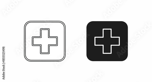 Two square medical icons with plus signs on white and black backgrounds.