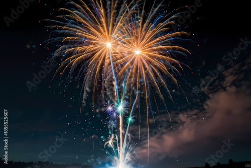 Bright colorful firework sparks frozen in mid-air