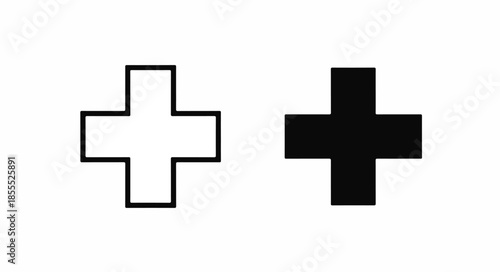 Two plus signs, one black and one white with a black outline, on a white background in a simple graphic design.