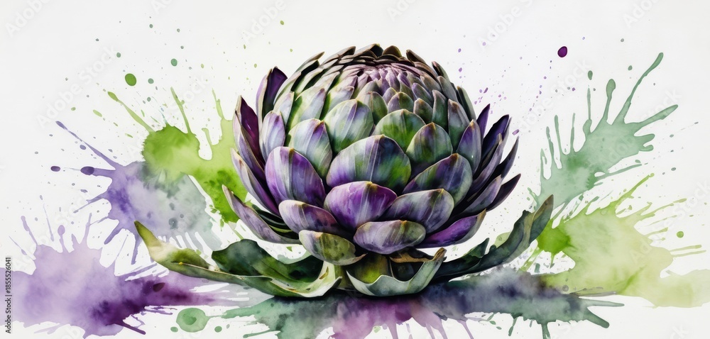Fototapeta premium Watercolor artichoke with purple and green leaves on a white background Artistic paint splatters adorn the scene