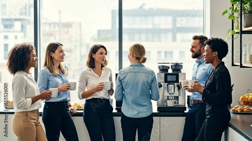 Group of business people chatting by coffee machine, office break. For business articles