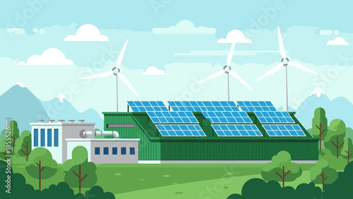 Renewable energy facility with solar panels and wind turbines