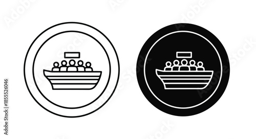 Two circular icons depicting a boat with people on a white and black background.