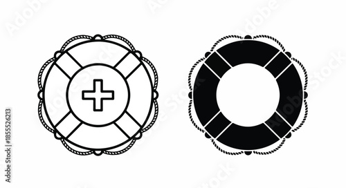 Two circular icons of life preservers, one with a cross in the center, on a white background, in a line drawing style.