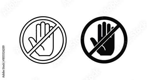 Two prohibition signs with hand gestures on a white background in black and white.