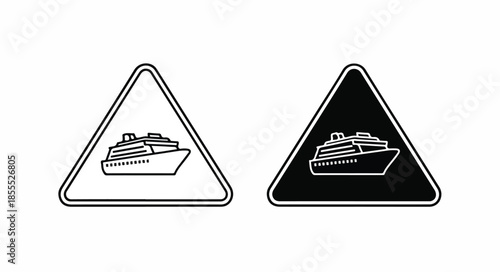 Two triangular warning signs with a cruise ship icon in black and white on a plain background.