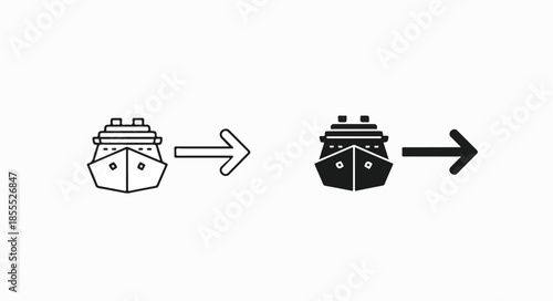 Black and white illustration of a ship transforming into a solid black ship with a right-pointing arrow in between on a white background.