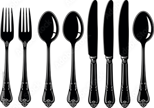 Elegant Vintage Black Cutlery Vector Set Featuring Ornate Forks Spoons and Knives Silhouettes for Restaurant Menus Dining and Gastronomy Design