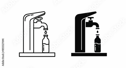 A graphic illustration of two automatic water bottle filling stations in black and white line art on a clean white background.