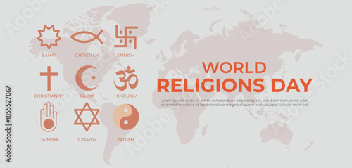 A set of light peach icons featuring major faith symbols (Bahá’í, Christianity, Islam, Hinduism, Jainism, Judaism, Taoism) beside a muted world map, promoting global harmony, respect, and interfaith.